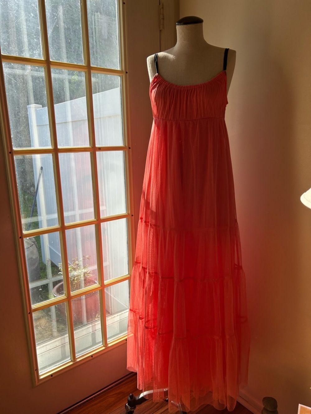 Maeve Anthropologie Coral tulle Maxi Dress with Spaghetti Straps Small - Picture 8 of 11